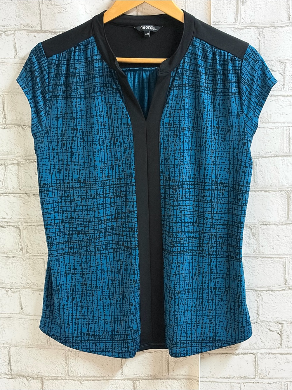 George Blue and Black Short Sleeve Printed Blouse